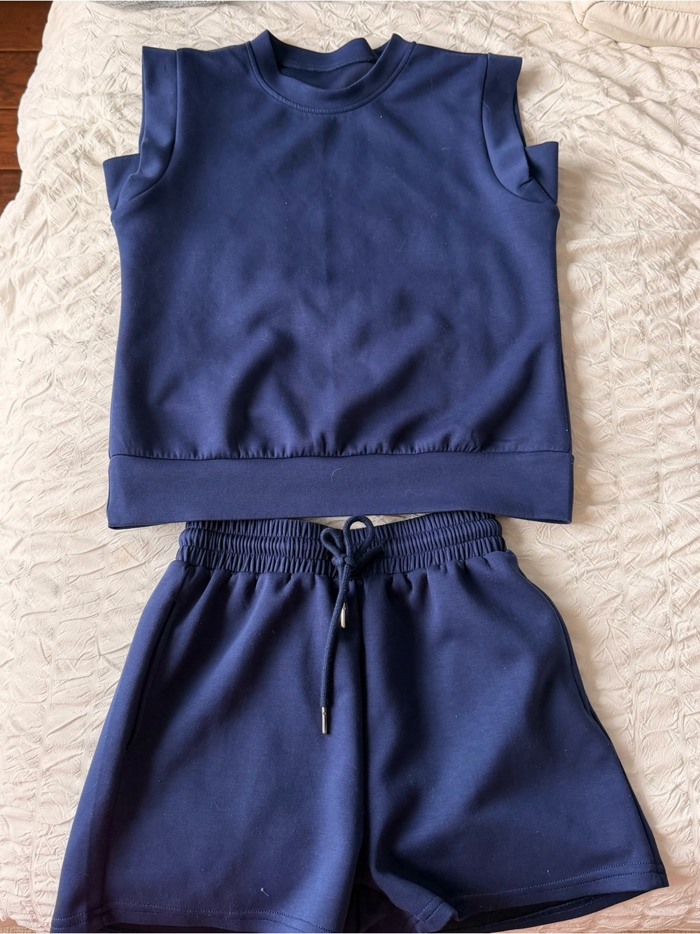 Sleeveless Navy Sweatshirt & Drawstring Shorts Set